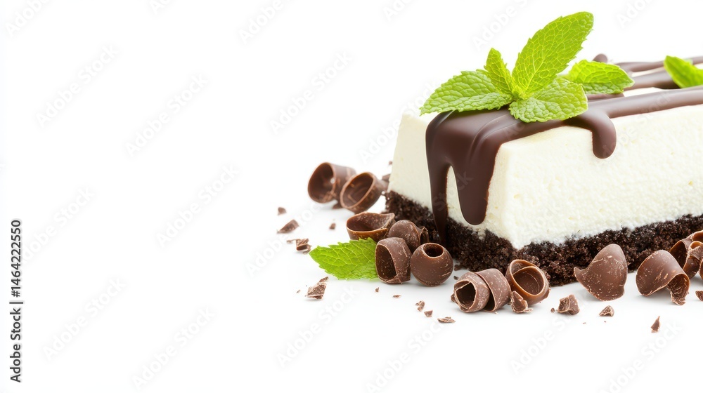 Chocolate Delight: An irresistible slice of decadent chocolate cheesecake, adorned with fresh mint leaves and chocolate shavings, offering a symphony of textures and flavors that tantalize the senses.