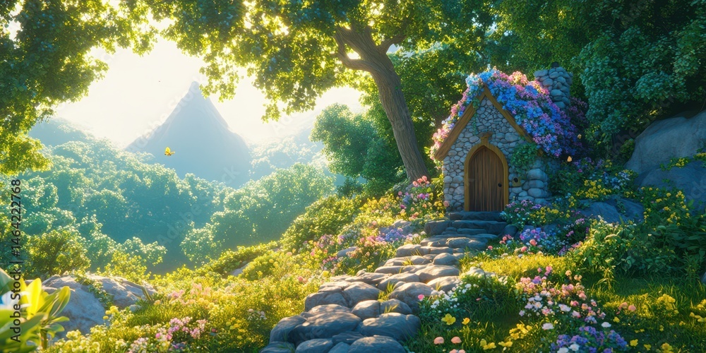 Enchanted Cottage in a Serene Landscape: A picturesque stone cottage nestled amid lush greenery, with a winding stone path leading to its inviting door, offers a scene of idyllic tranquility.