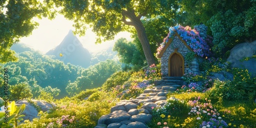 Obraz na płótnie Enchanted Cottage in a Serene Landscape: A picturesque stone cottage nestled amid lush greenery, with a winding stone path leading to its inviting door, offers a scene of idyllic tranquility. w salonie