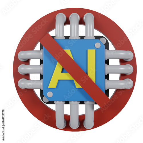 3d render of AI chip with prohibited symbol. concept of stop or prohibition using artificial intelligence