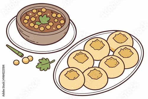 21 Indian street food, pani puri, golgappa, round crispy shells, spicy potato filling, tamarind chutney, chickpeas, white plate, wooden bowl, cilantro garnish, appetizer, snack, realistic illustration