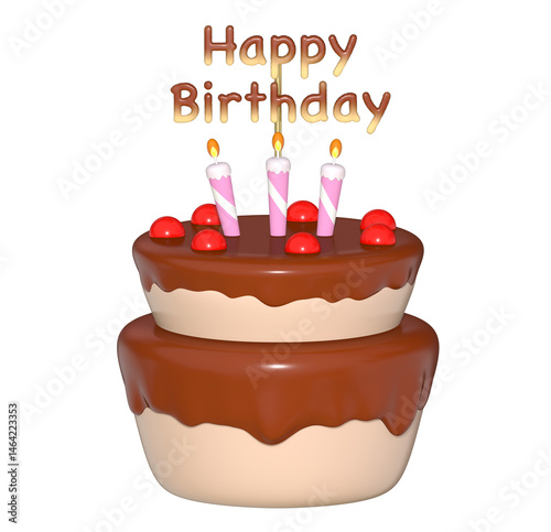 Birthday cake with candles 3d on png transparent background.