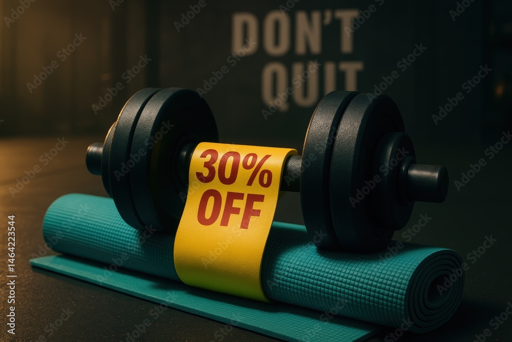 Fototapeta premium Fitness promotion with dumbbells and discount display for gym motivation