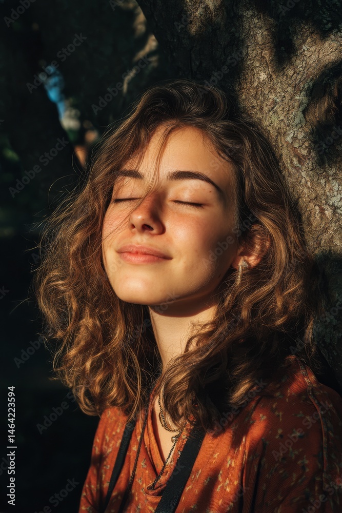 Fototapeta premium A serene young woman closes her eyes, embracing the sunlight while leaning against a tree.
