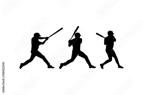 baseball player swinging bat silhouette set