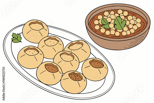 21 Indian street food, pani puri, golgappa, round crispy shells, spicy potato filling, tamarind chutney, chickpeas, white plate, wooden bowl, cilantro garnish, appetizer, snack, realistic illustration