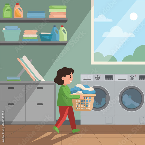 Walking with Laundry Basket in Bright Cartoon Laundry Room Setting