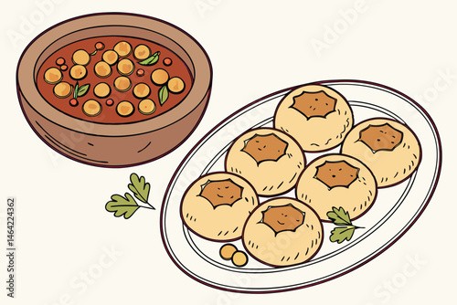21 Indian street food, pani puri, golgappa, round crispy shells, spicy potato filling, tamarind chutney, chickpeas, white plate, wooden bowl, cilantro garnish, appetizer, snack, realistic illustration