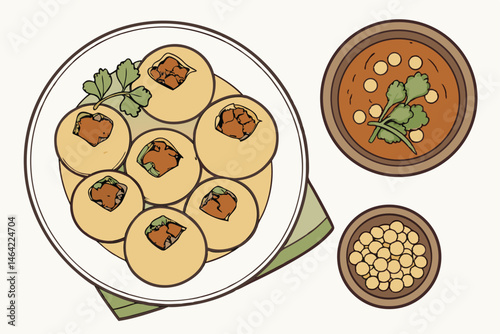 21 Indian street food, pani puri, golgappa, round crispy shells, spicy potato filling, tamarind chutney, chickpeas, white plate, wooden bowl, cilantro garnish, appetizer, snack, realistic illustration