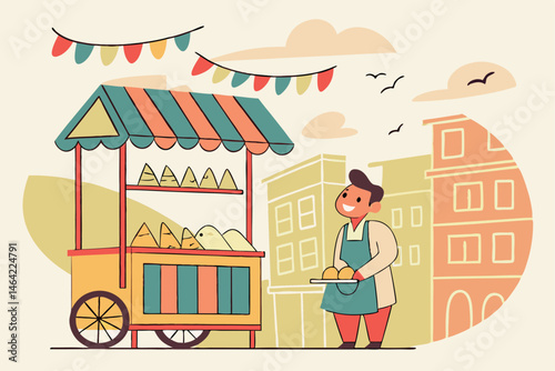 22 Street food vendor, colorful food cart, samosas, Indian market, festive bunting, cheerful atmosphere, pastel colors, cartoon style, bustling street scene, traditional snacks, street buildings, whim