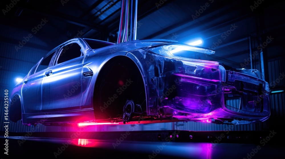 Fototapeta premium Silver car suspended on dark platform with pink and blue lighting in industrial setting