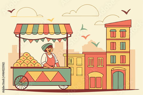 22 Street food vendor, colorful food cart, samosas, Indian market, festive bunting, cheerful atmosphere, pastel colors, cartoon style, bustling street scene, traditional snacks, street buildings, whim