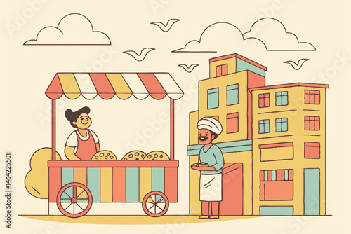 22 Street food vendor, colorful food cart, samosas, Indian market, festive bunting, cheerful atmosphere, pastel colors, cartoon style, bustling street scene, traditional snacks, street buildings, whim