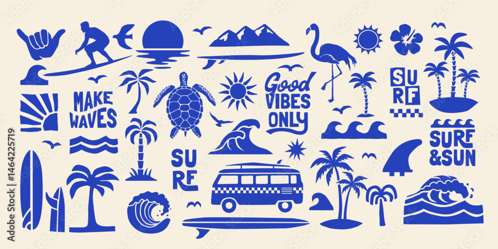 A tropical beach and surf-themed vector set with palm trees, waves, surfboards, a van, flamingos, and ocean elements with quotes, in a bold graphic style. Perfect for t-shirt prints, posters, stickers