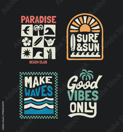 Vector graphic set with a tropical surf and sun theme illustrations. Including quotes such as "Make Waves", "Surf & Sun", "Paradise Beach Club", and "Good Vibes Only". 