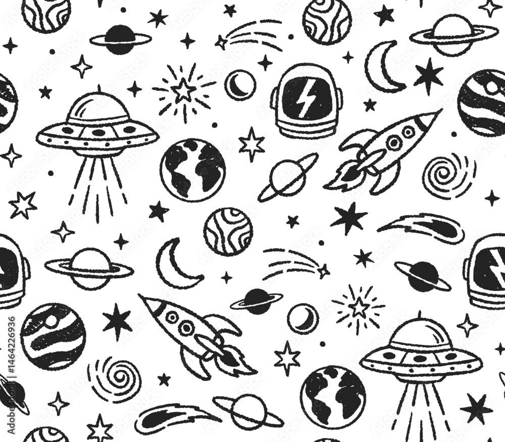 Fototapeta premium Hand drawn space theme vector seamless pattern with UFOs, rockets, planets, stars, comets, and astronauts in a doodle art style.