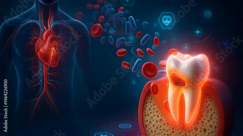 Dental and Cardiovascular Health Connection Showing Tooth with Blood Cells and Human Heart in Scientific Medical Scene

