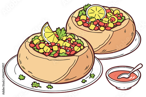 23 Bread bowls filled with colorful salad, pomegranate seeds, corn kernels, parsley garnish, lemon slice, white ceramic plate, small dipping sauce bowl, photorealistic food photography, appetizing, vi
