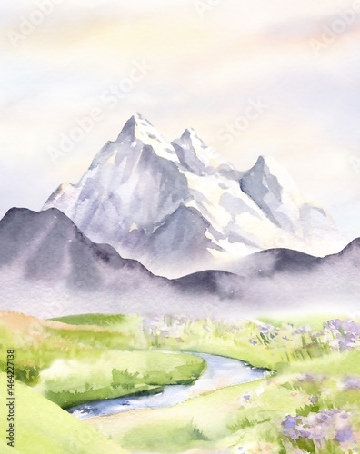 Mountain landscape with snowy peaks, river, forest, fir trees, flower fields. Watercolor illustration hand drawn with watercolor. Template for print and card design