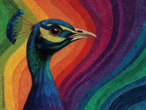 Vibrant peacock portrait against a colorful spectrum.