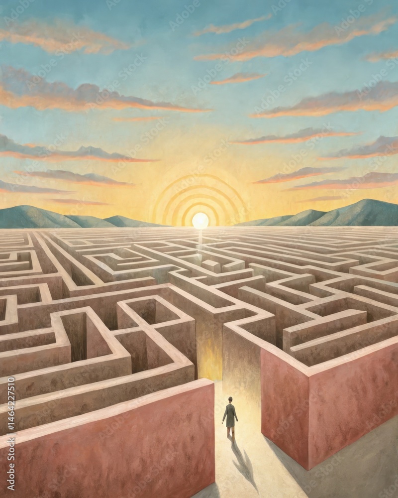 A clay maze that gradually opens up to a bright sunlit area at the center representing navigating through complex thoughts to find clarity and positivity.