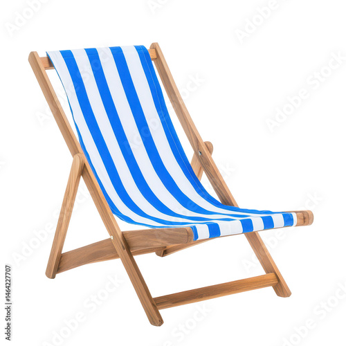Serene Beach Chair: A classic beach chair with blue and white stripes, made of natural wood, stands in perfect isolation. Inviting viewers to relax and enjoy the sun, sea, and sand.  photo