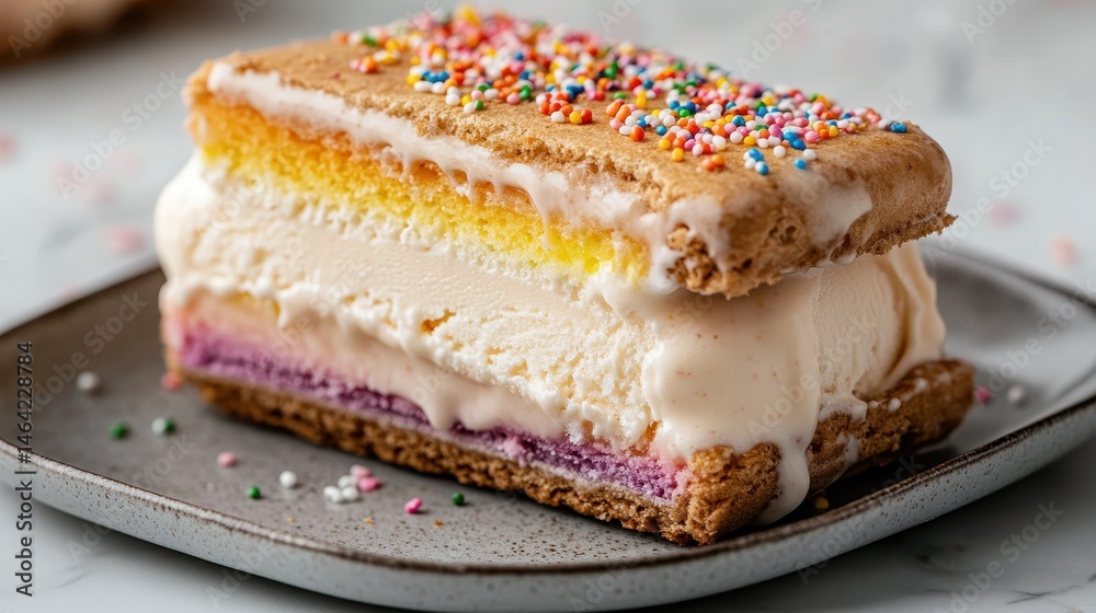 An inviting ice cream sandwich with vibrant layers of different flavors and colorful sprinkles, perfect for a refreshing summer treat or dessert option. An inviting ice cream sandwich with vibrant layers of different flavors and colorful sprinkles, perfect for a refreshing summer treat or dessert option.