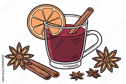 24 Mulled wine, glass mug, orange slice garnish, cinnamon sticks, star anise, cloves, warm beverage, festive drink, holiday spices, rich red color, transparent glass, white background, detailed produc