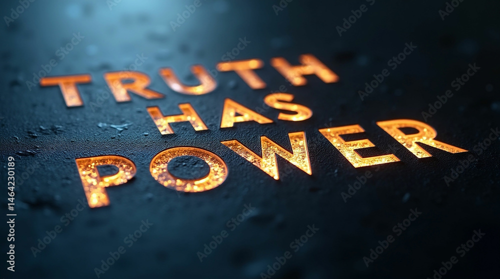 Fototapeta premium Bold uppercase letters “Truth Has Power” on a soft black surface, faint glow outline, truth campaign concept