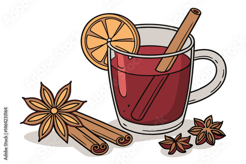 24 Mulled wine, glass mug, orange slice garnish, cinnamon sticks, star anise, cloves, warm beverage, festive drink, holiday spices, rich red color, transparent glass, white background, detailed produc