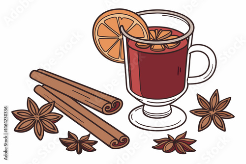 24 Mulled wine, glass mug, orange slice garnish, cinnamon sticks, star anise, cloves, warm beverage, festive drink, holiday spices, rich red color, transparent glass, white background, detailed produc