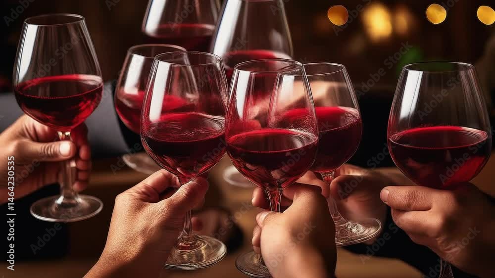 Primer plano de un brindis con copas de vino tinto durante una celebración y fiesta