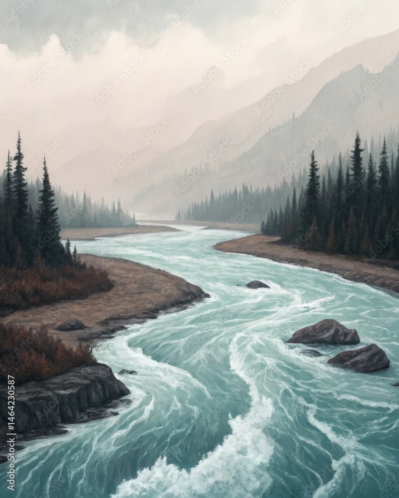 A winding river with calm clear waters on one side and turbulent rapids on the other symbolizing the internal conflict between tranquility and chaos.
