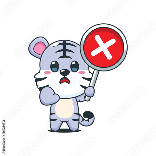 Cute white tiger cartoon vector illustration with wrong sign