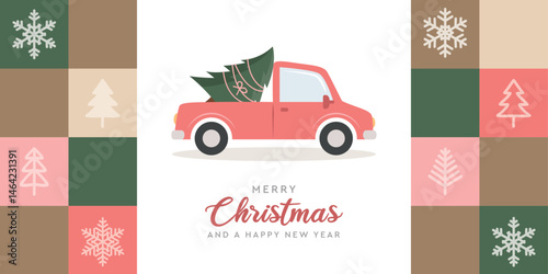 christmas greeting card with car and christmas tree vector illustration