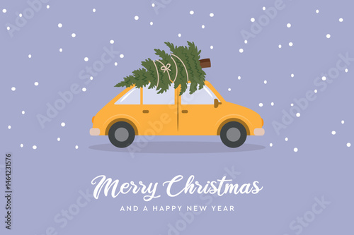 christmas greeting card with car and christmas tree vector illustration