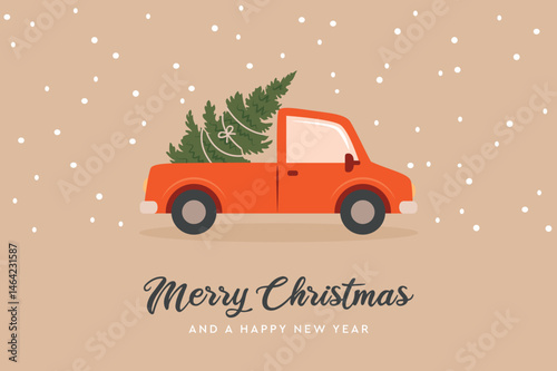 christmas greeting card with car and christmas tree vector illustration