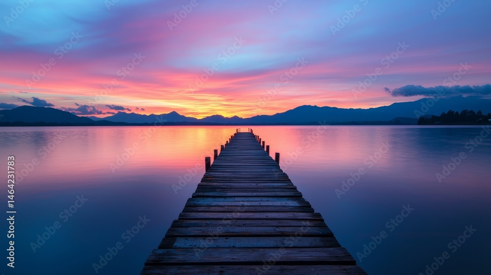 Obraz premium Serene sunset over a tranquil lake with a wooden pier. Sunsets and sunrises aesthetic, twilight, peaceful, atmosphere, cloudscape concept.