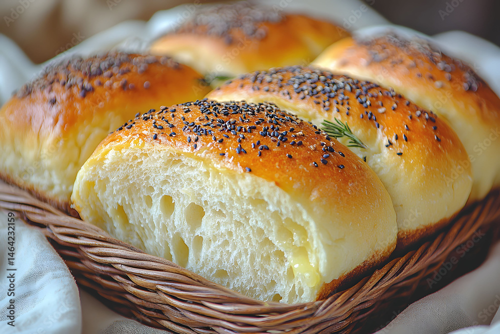 Freshly Baked Soft Bread Rolls Topped with Sesame and Poppy Seeds in Rustic Basket