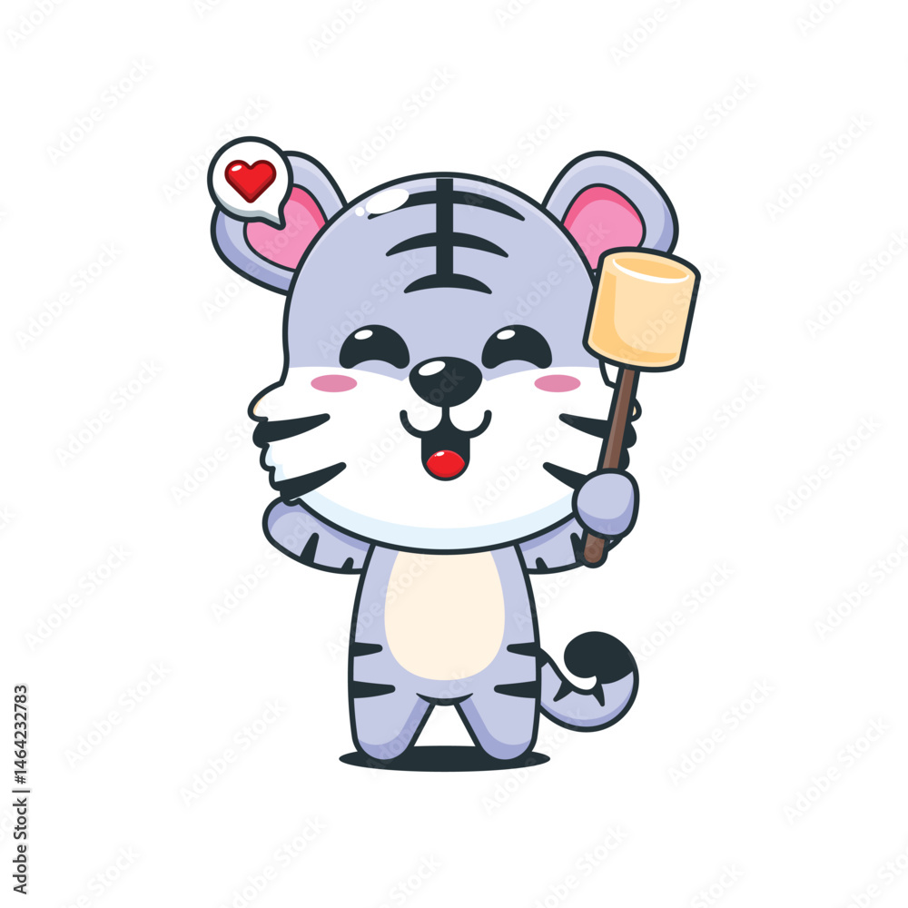 Fototapeta premium Cute white tiger cartoon vector illustration eating marshmallow