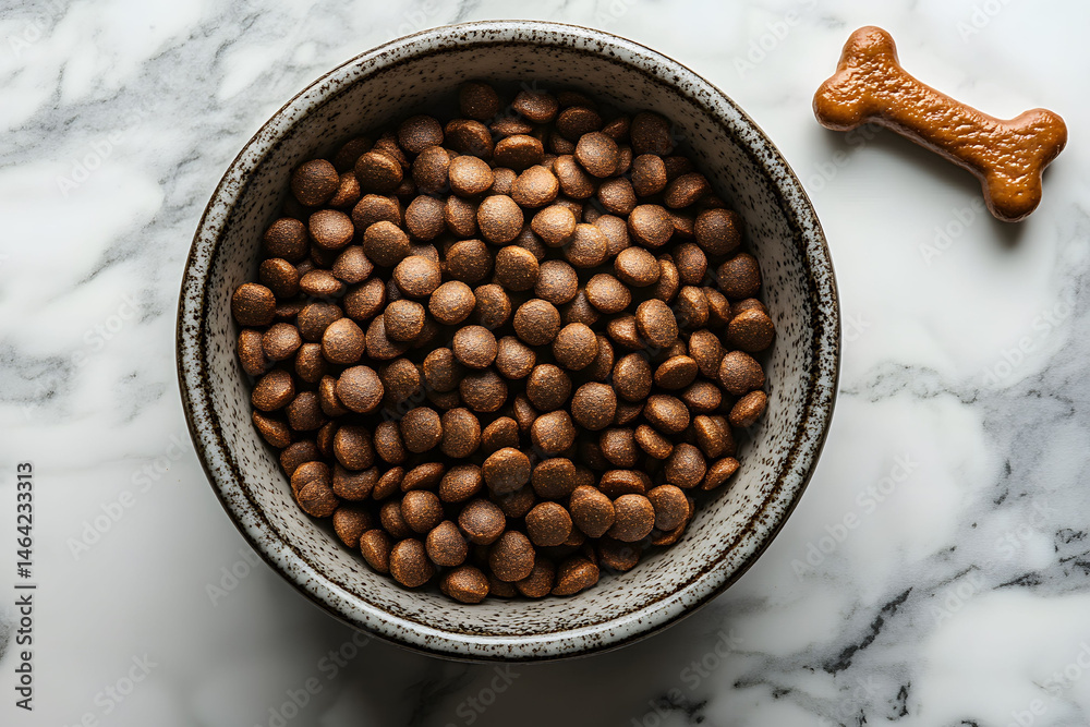 Bowl of Dry Dog Food with Treat on Marble Surface for Pet Care and Nutrition Concepts