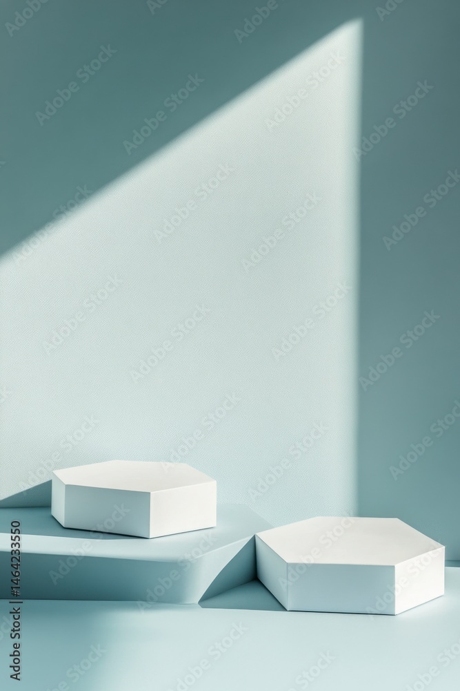 Fototapeta premium Geometric Shapes with Soft Shadows on Light Blue Background