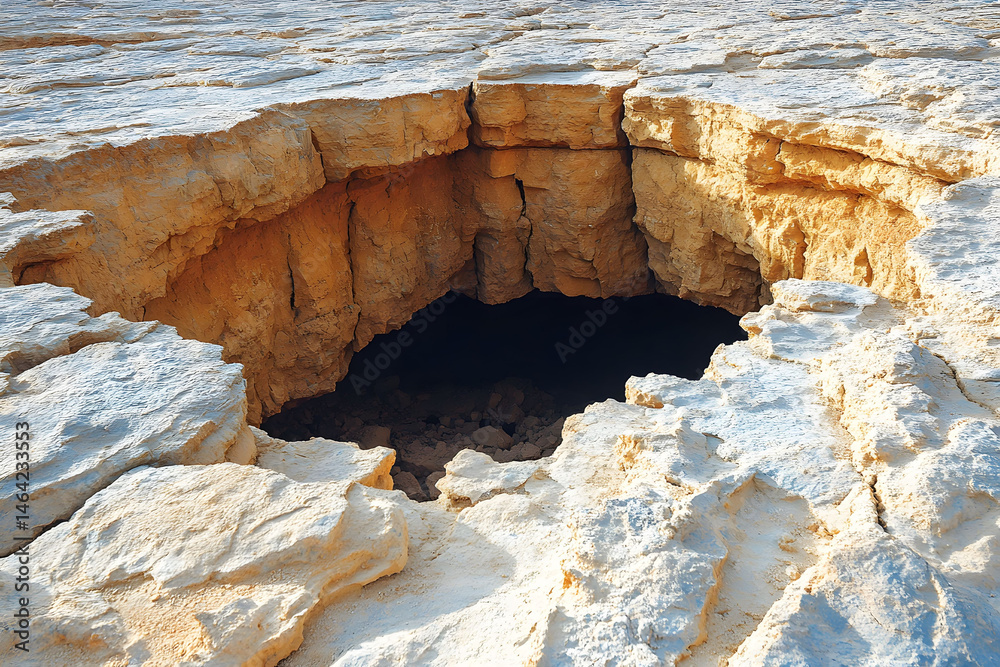 Natural Limestone Sinkhole Formation in Arid Desert Landscape