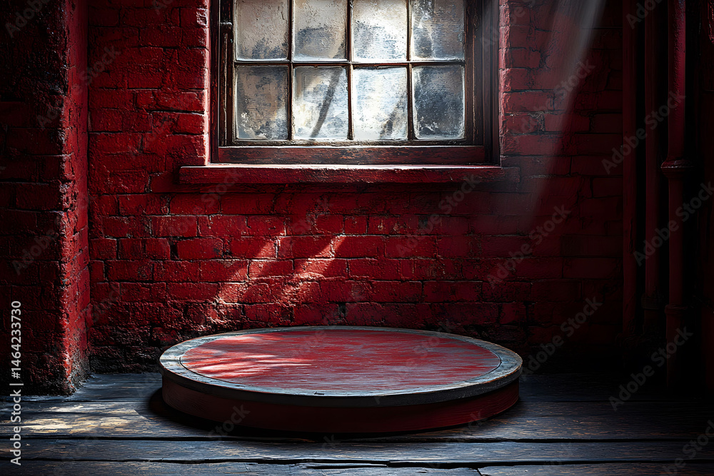 Red Industrial Interior with Round Platform and Sunlit Brick Wall Urban Design Inspiration