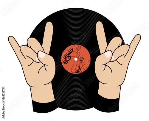 Rock music fan hands make rock n roll gesture. Punk rocker hands on vinyl record back. Vector isolated on white background