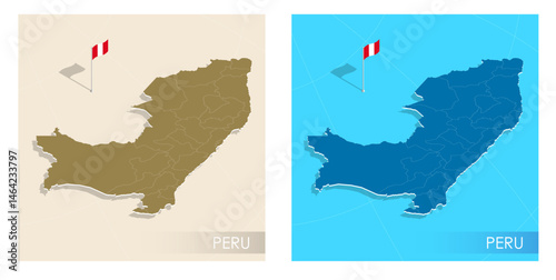Peru country flag installed on geographic positioning map point of country territory. Peruvian commonwealth banner on land and sea. Festive patriotic HD format template for independence day