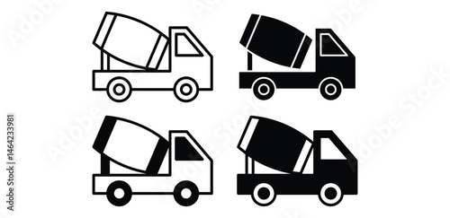 Concrete Mixer Truck Icons Set Black and White Color Vector Design
