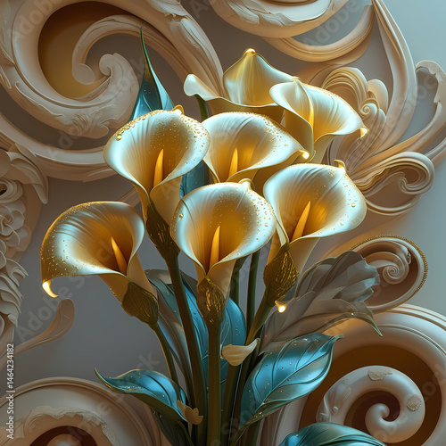 Elegant bouquet of golden calla lilies with decorative ornamentation for wedding decor
