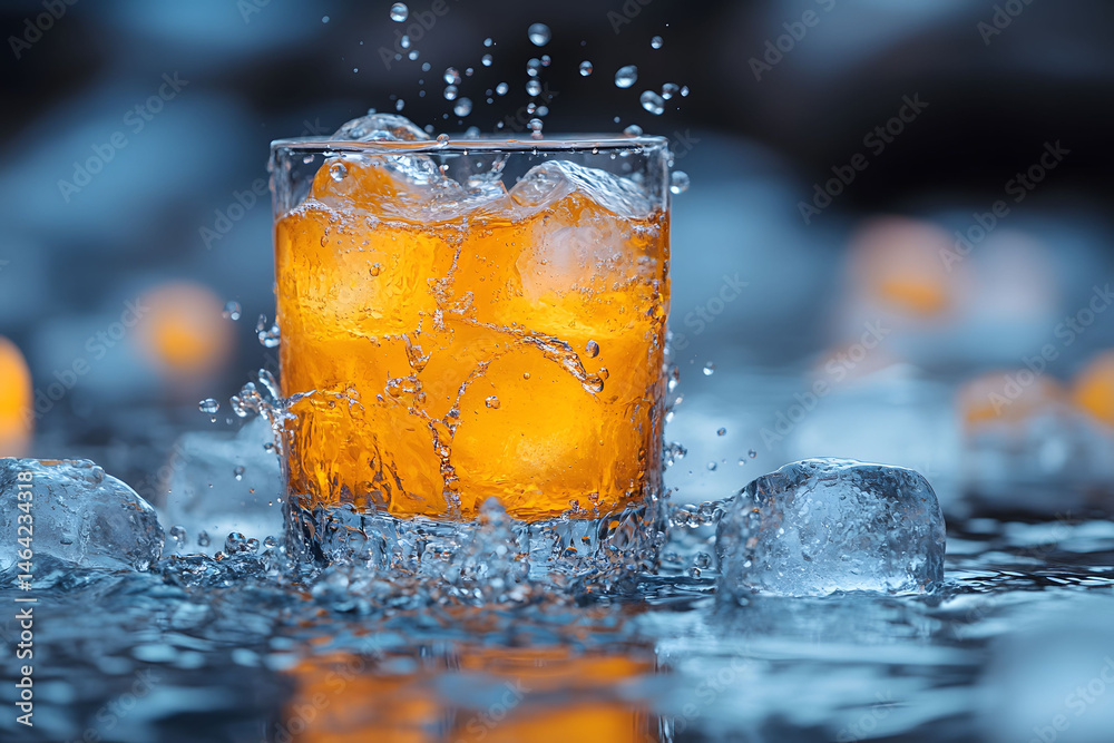 Refreshing Whiskey with Ice Splash, Perfect for Summer Cocktail Designs