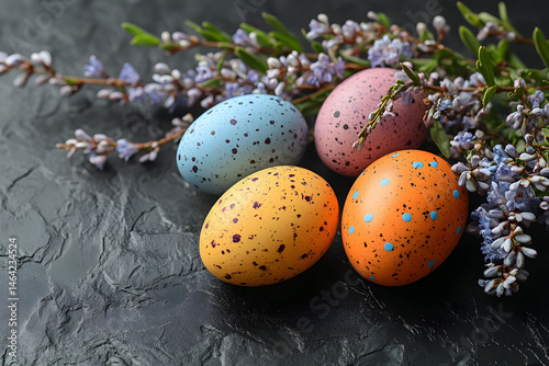 Colorful Easter Eggs on Dark Stone Surface with Lavender Flowers for Holiday Decoration